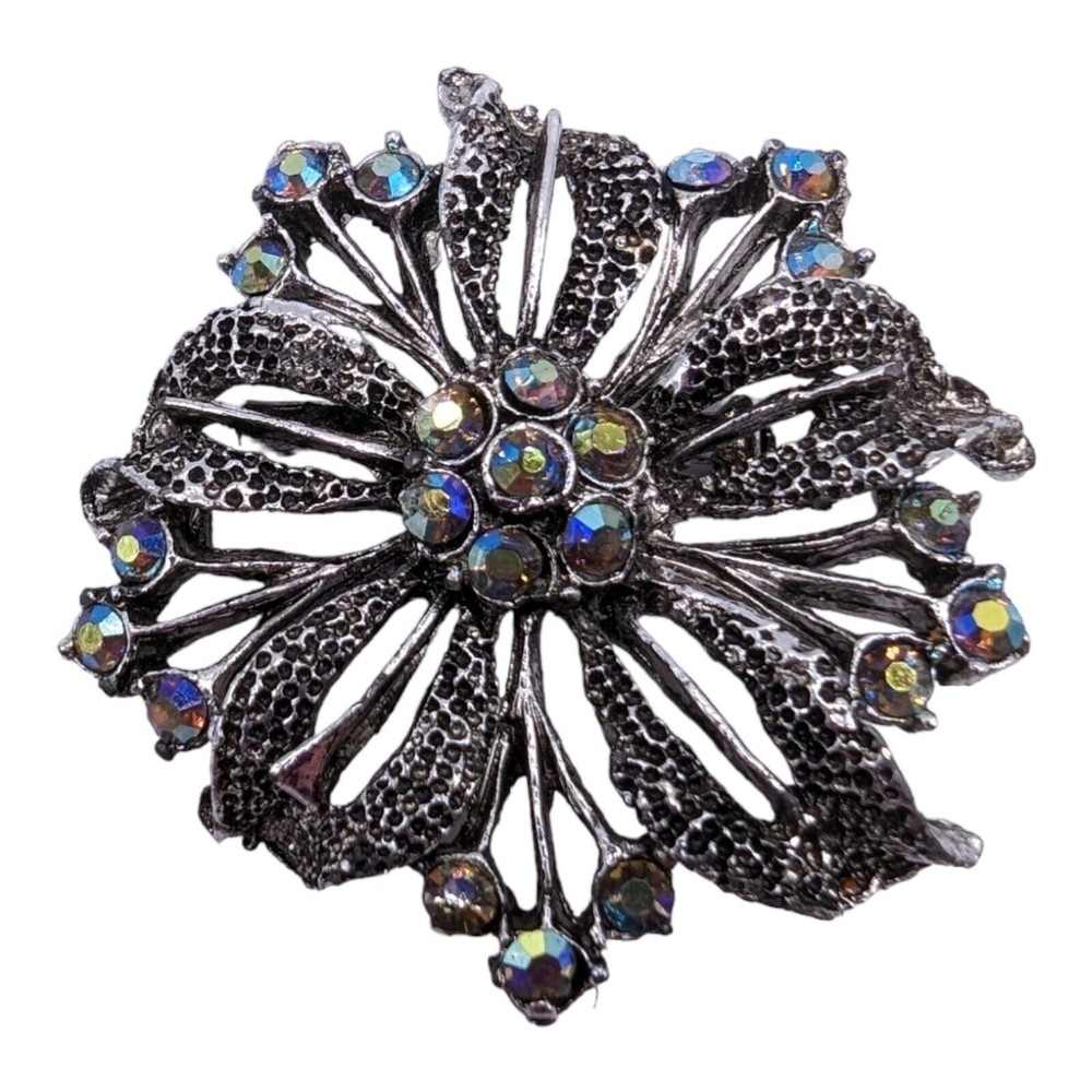 Vintage Aurora Borealis Rhinestone Silver Tone Flower Leaf Estate Brooch Pin - Picture 3 of 6